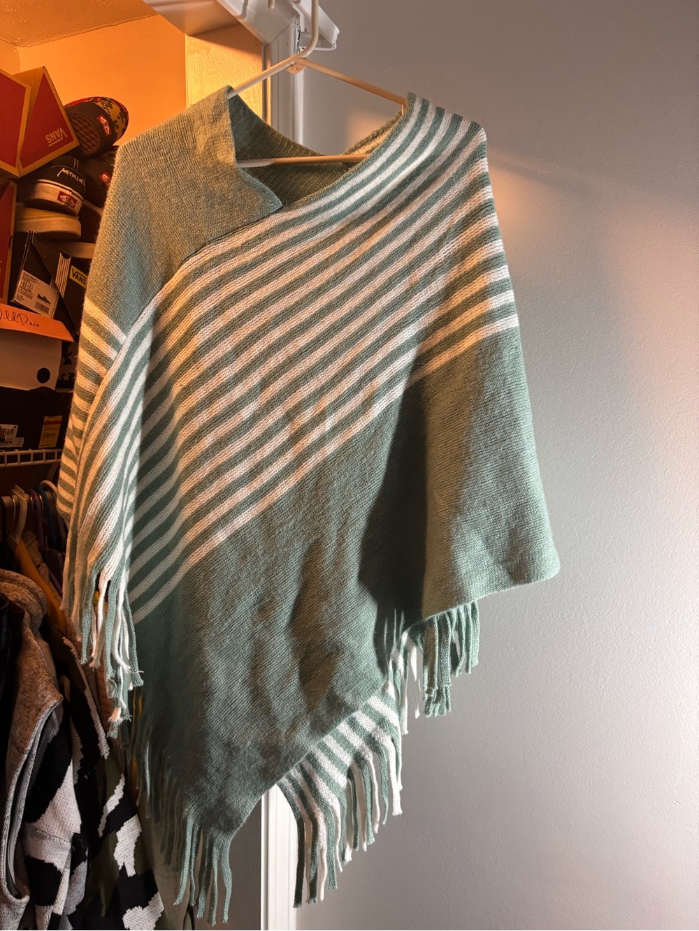 Soft Green and White Striped Fringe Throw Poncho - Unbranded